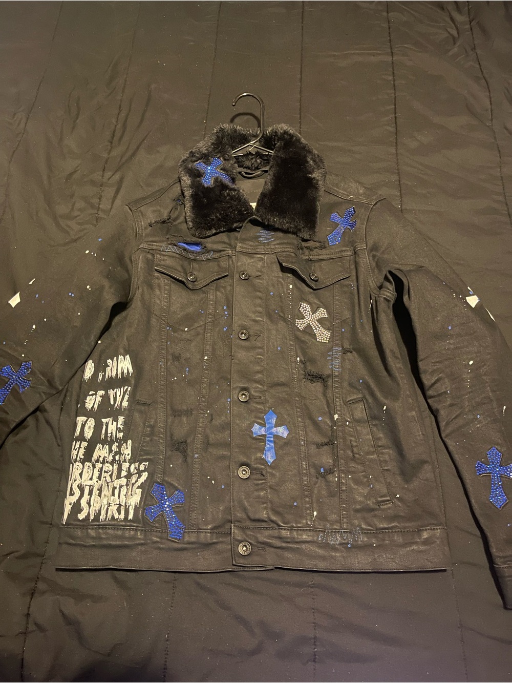 Smoke Rise men’s Large Distressed Gothic Denim Jacket Faux Fur Collar black blue